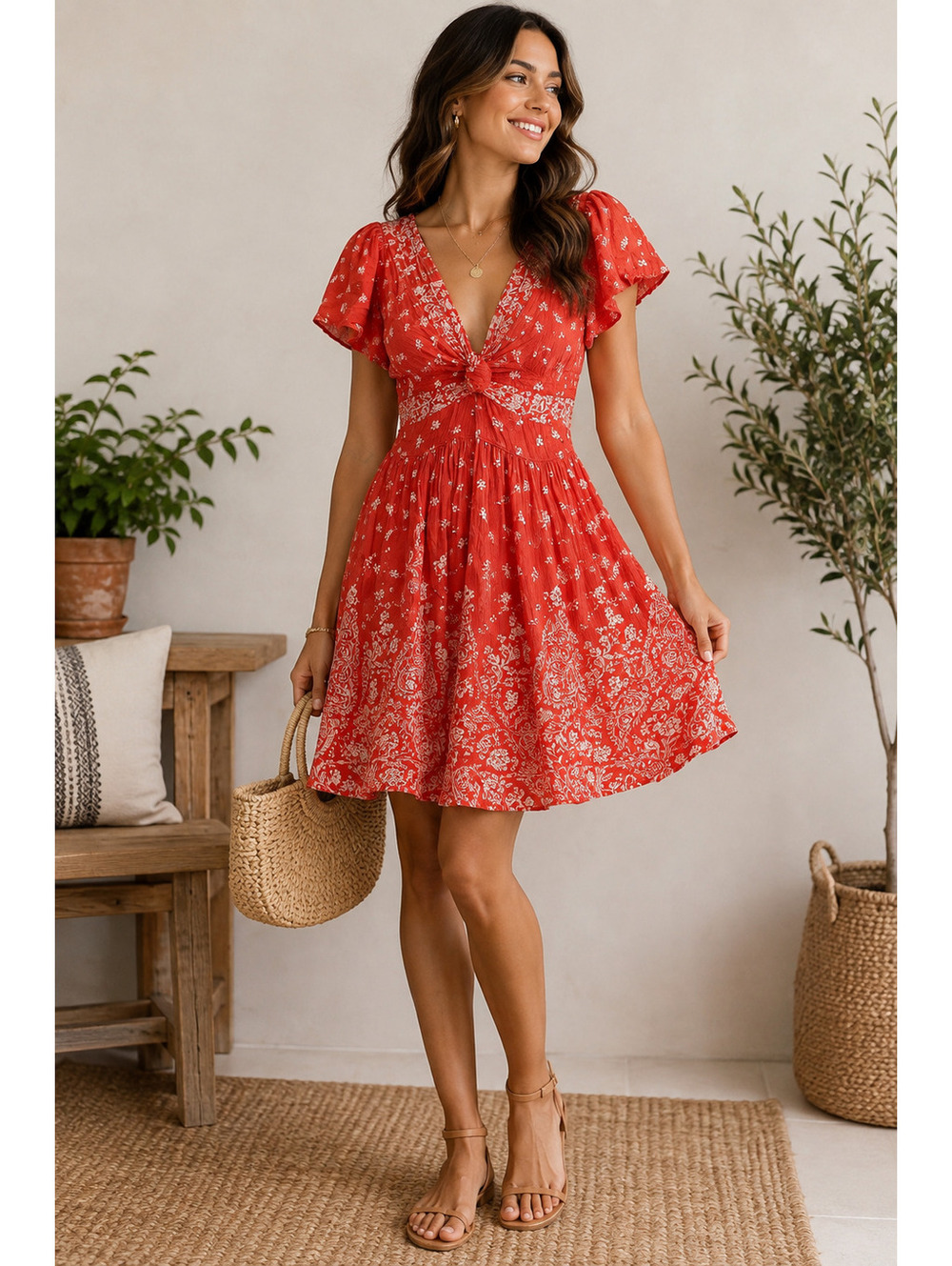 Angie | M | Coral Floral Smocked Mini Dress